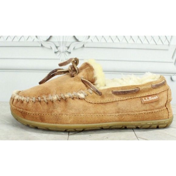 LL Bean Kid's Brown Wicked Good Moccasins Suede Shearling Lined Slippers Size 1 - Picture 1 of 9